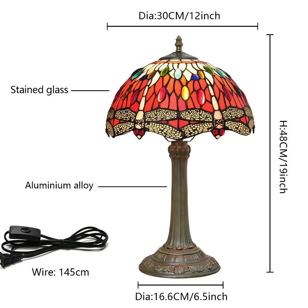 12inch Red Dragonfly Tiffany Lamp Stained Glass Lampshade Vintage Desk Light Classical Tiffany Lamp