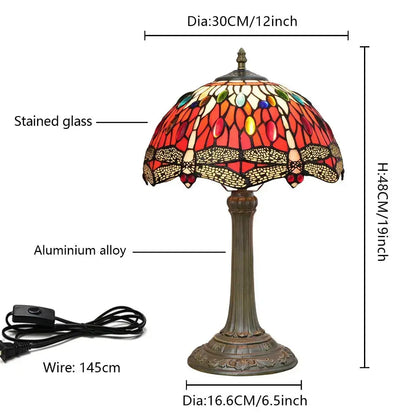 12inch Red Dragonfly Tiffany Lamp Stained Glass Lampshade Vintage Desk Light Classical Tiffany Lamp