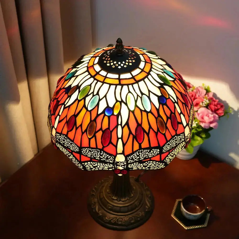 12inch Red Dragonfly Tiffany Lamp Stained Glass Lampshade Vintage Desk Light Classical Tiffany Lamp