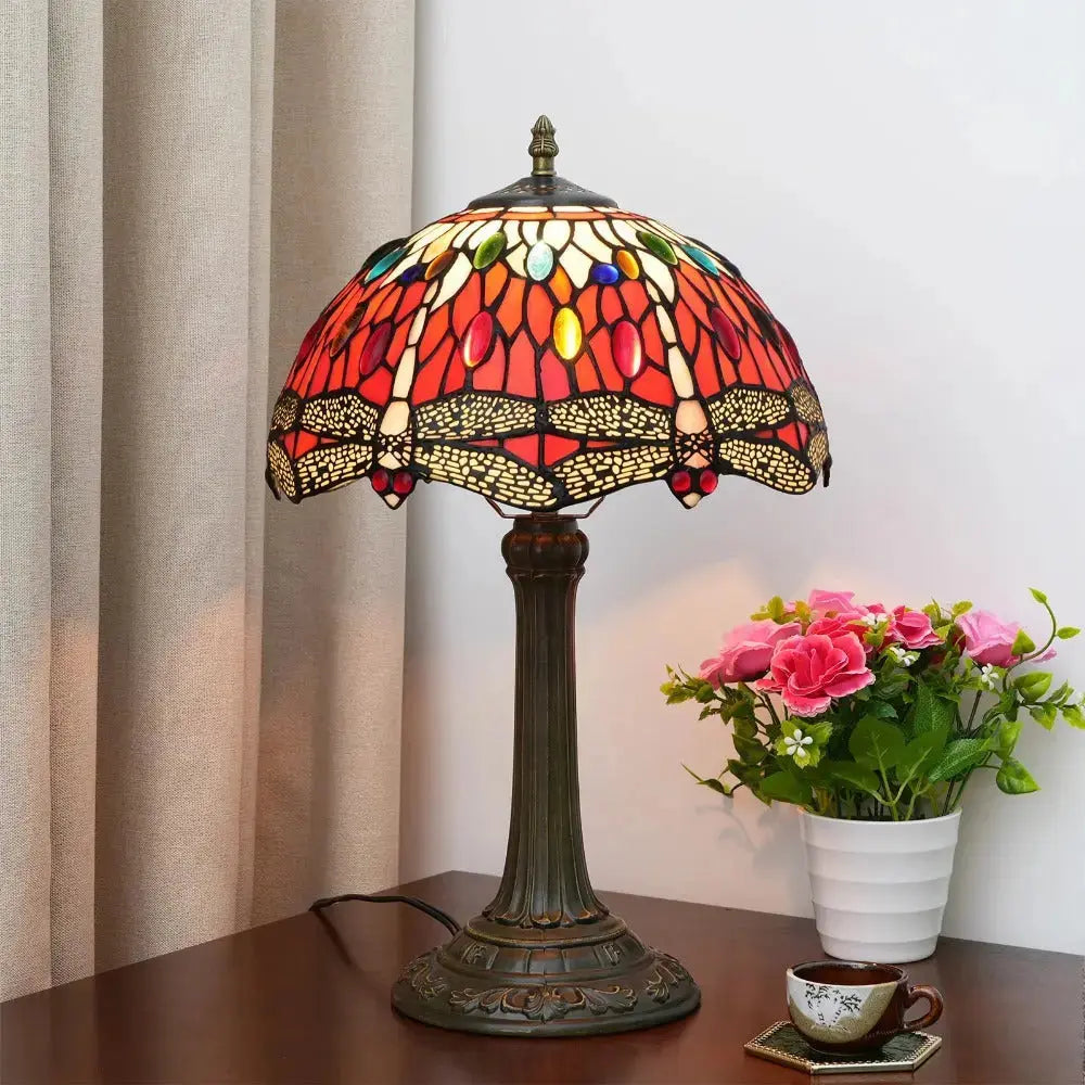 12inch Red Dragonfly Tiffany Lamp Stained Glass Lampshade Vintage Desk Light Classical Tiffany Lamp