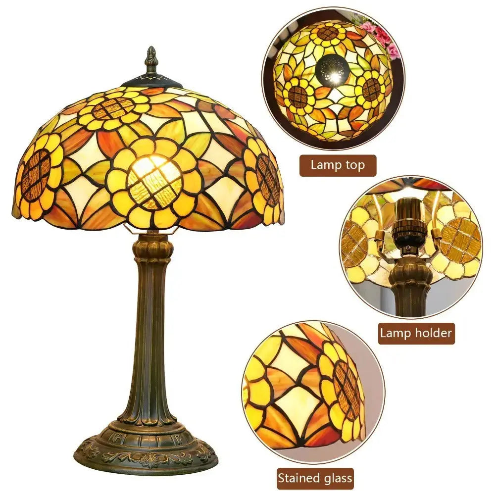 12inch Antique Tiffany Yellow Sunflower Stained Glass Table Lamp Classical Tiffany Lamp