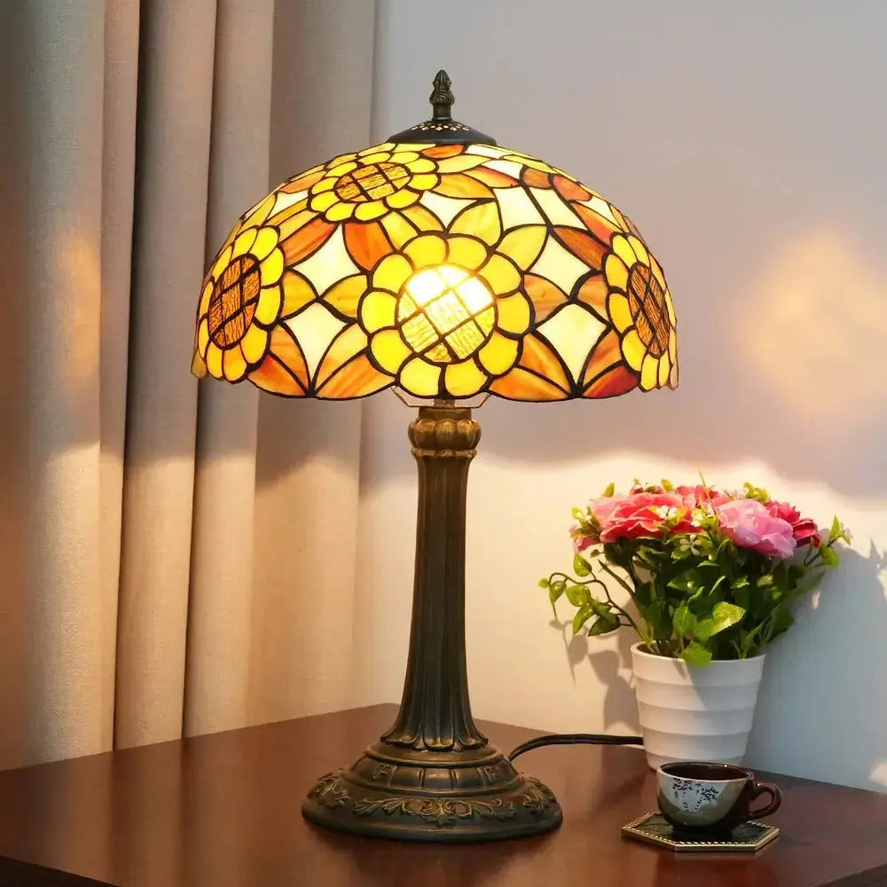 12inch Antique Tiffany Yellow Sunflower Stained Glass Table Lamp Classical Tiffany Lamp