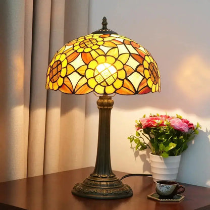 12inch Antique Tiffany Yellow Sunflower Stained Glass Table Lamp Classical Tiffany Lamp
