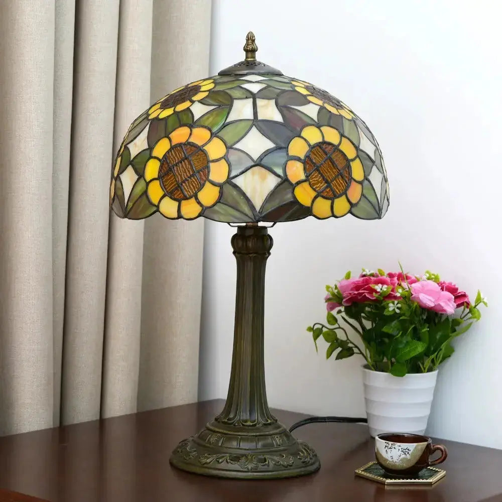 12inch Antique Tiffany Yellow Sunflower Stained Glass Table Lamp Classical Tiffany Lamp