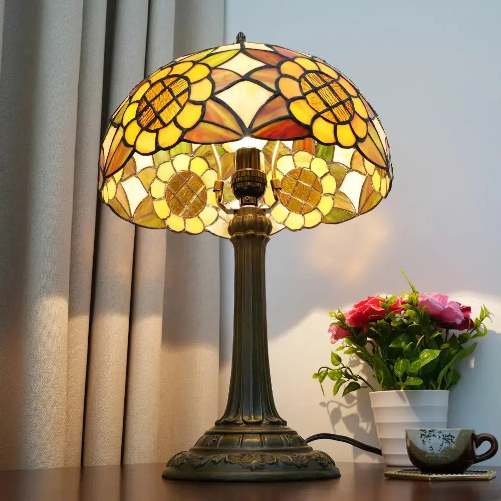 12inch Antique Tiffany Yellow Sunflower Stained Glass Table Lamp Classical Tiffany Lamp