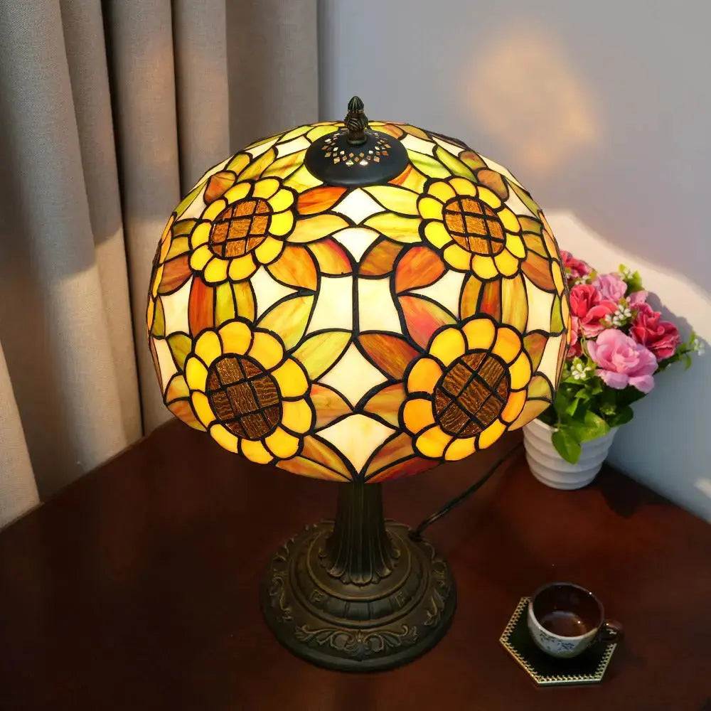 12inch Antique Tiffany Yellow Sunflower Stained Glass Table Lamp Classical Tiffany Lamp