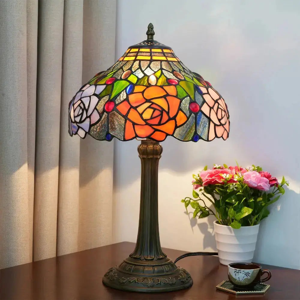 12inch Tiffany Bedside Lamps Stained Glass Rose Antique Desk Light Classical Tiffany Lamp