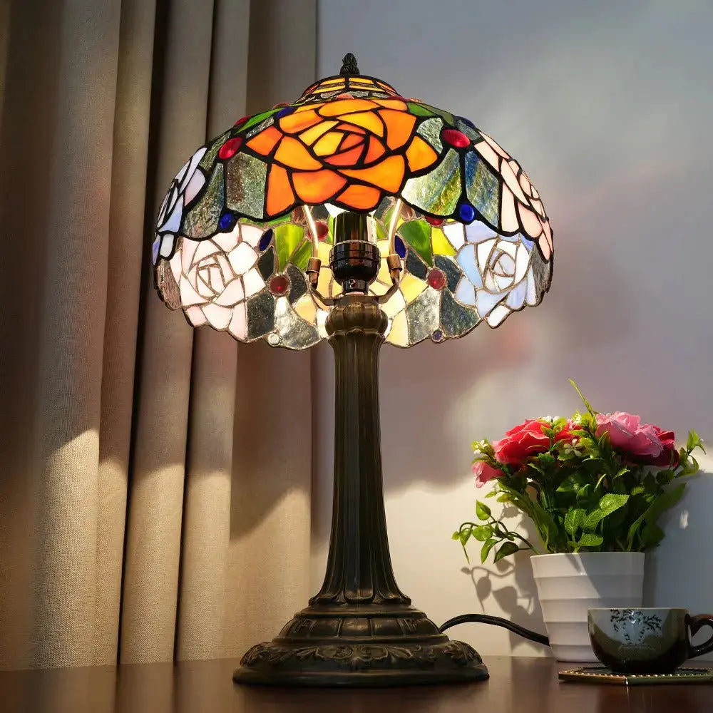 12inch Tiffany Bedside Lamps Stained Glass Rose Antique Desk Light Classical Tiffany Lamp