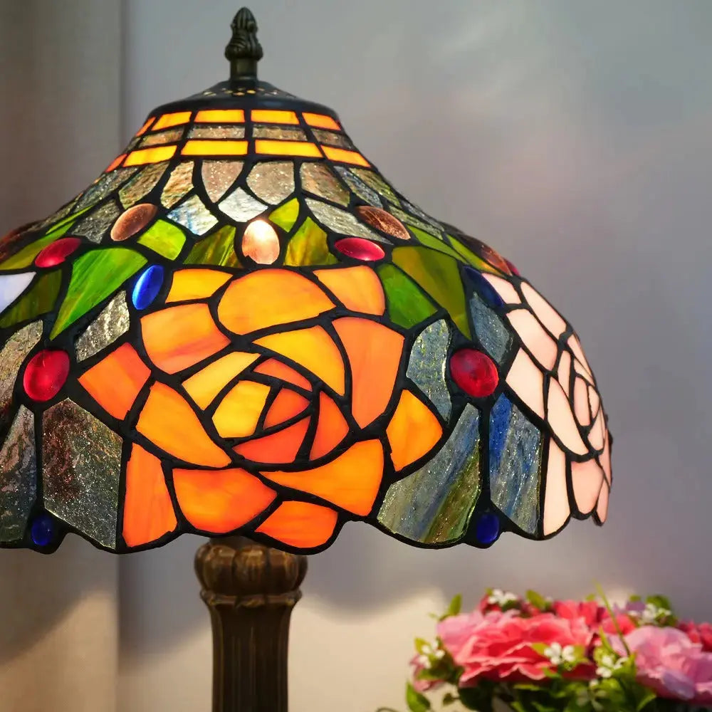 12inch Tiffany Bedside Lamps Stained Glass Rose Antique Desk Light Classical Tiffany Lamp