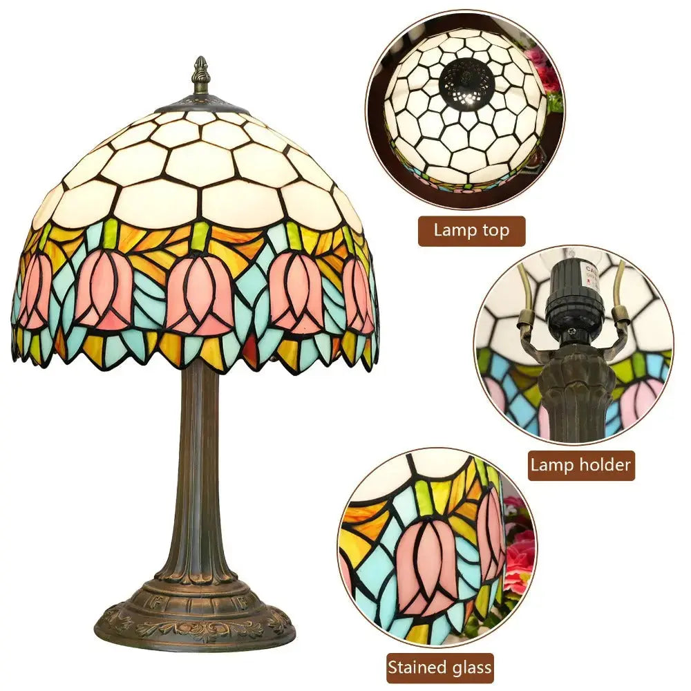 12inch Tiffany Tulip Lamp Stained Glass Pink Lampshade Vintage Table Lamps Classical Tiffany Lamp