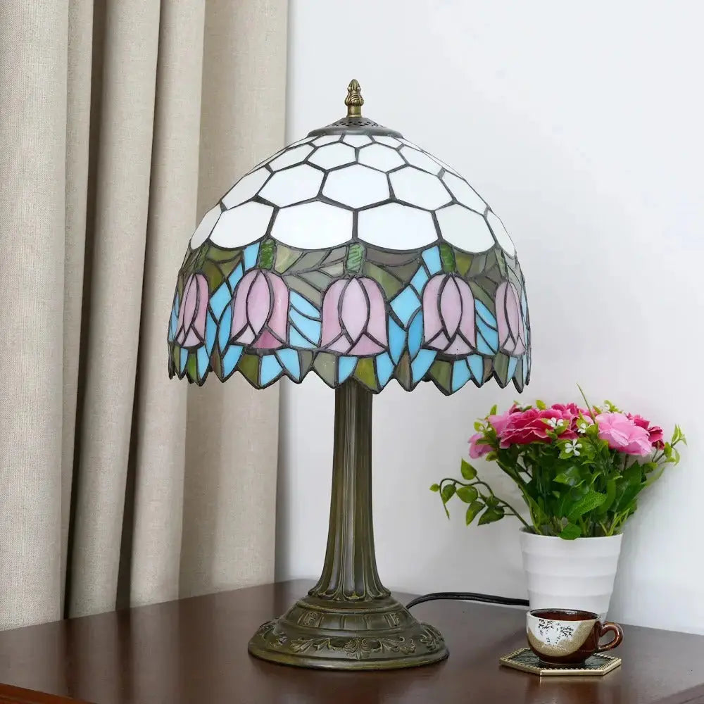 12inch Tiffany Tulip Lamp Stained Glass Pink Lampshade Vintage Table Lamps Classical Tiffany Lamp