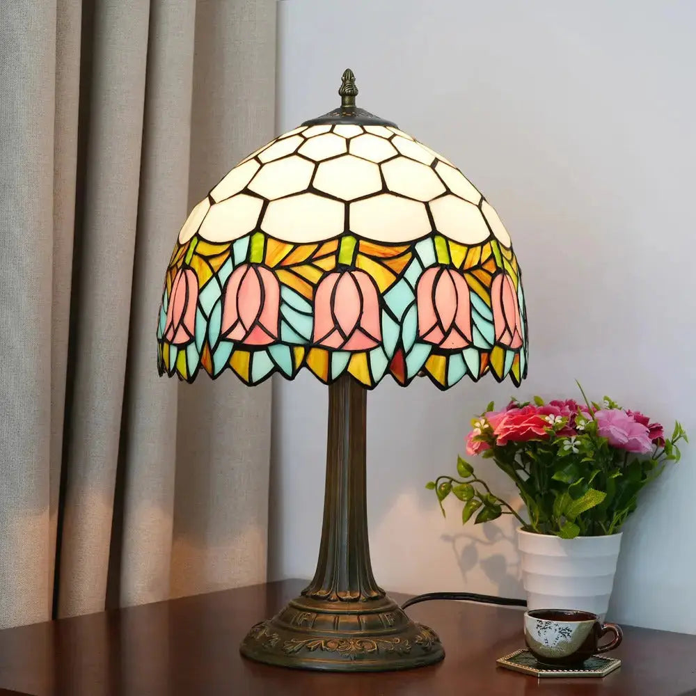 12inch Tiffany Tulip Lamp Stained Glass Pink Lampshade Vintage Table Lamps Classical Tiffany Lamp