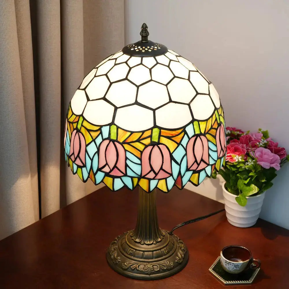 12inch Tiffany Tulip Lamp Stained Glass Pink Lampshade Vintage Table Lamps Classical Tiffany Lamp