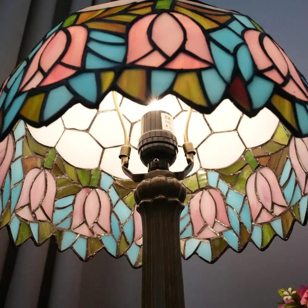 12inch Tiffany Tulip Lamp Stained Glass Pink Lampshade Vintage Table Lamps Classical Tiffany Lamp