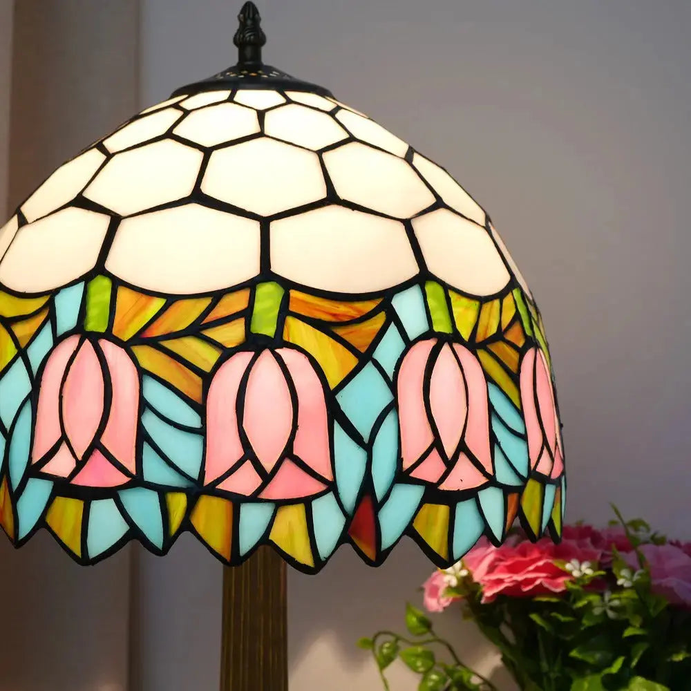 12inch Tiffany Tulip Lamp Stained Glass Pink Lampshade Vintage Table Lamps Classical Tiffany Lamp
