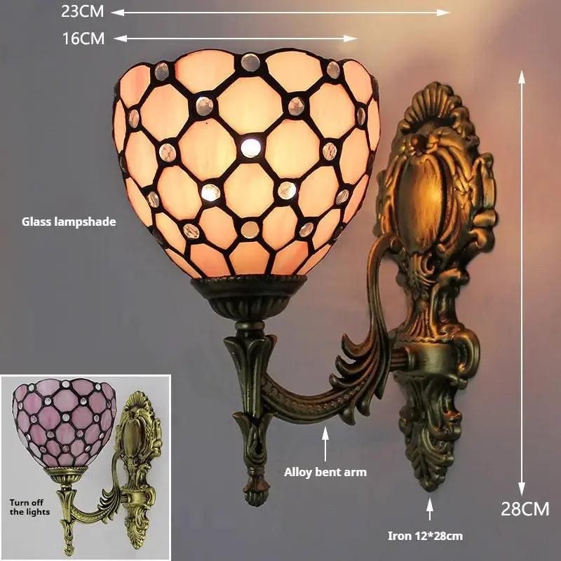 16cm Tiffany Stained Glass Beads Pink Lampshade Vintage Wall Sconce Light Classical Tiffany Lamp