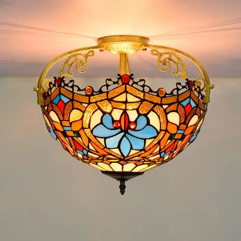16inch Large Stained Glass Beads Flower Lampshade Vintage Tiffany Ceiling Light Classical Tiffany Lamp