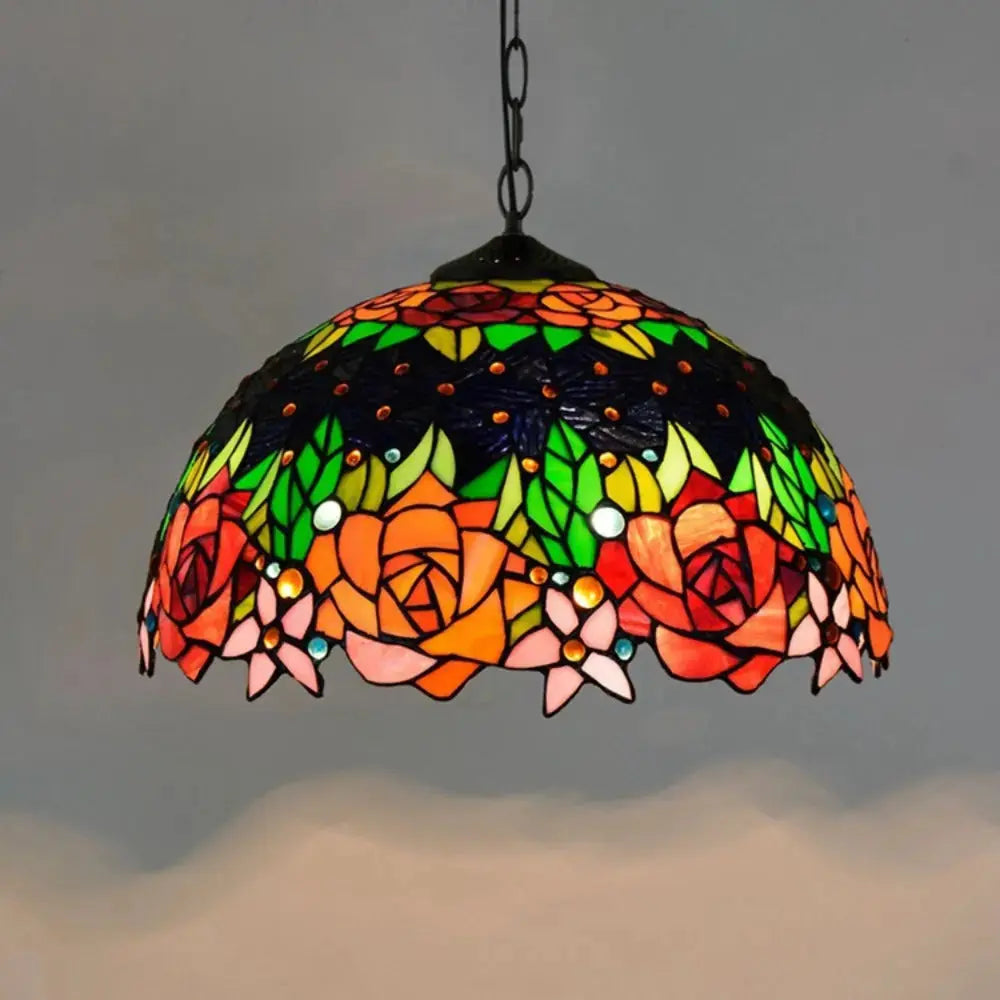 16inch Vintage Stained Glass Rose Flower Tiffany Style Pendant Light Classical Tiffany Lamp