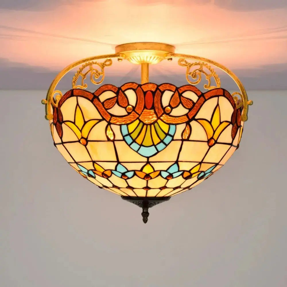 16inch Stained Glass Baroque Flower Lampshade Tiffany Ceiling Light Classical Tiffany Lamp