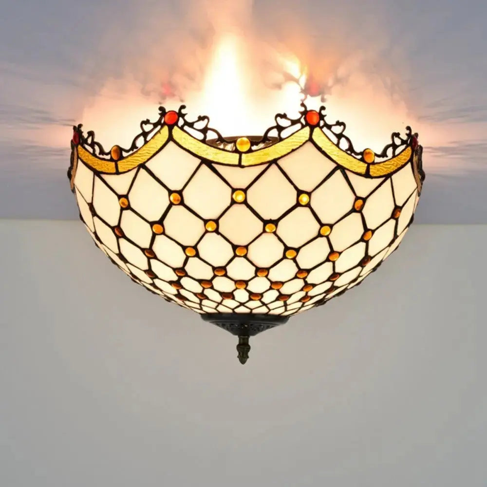 16inch Stained Glass Beige Beads Lampshade Tiffany Style Ceiling Light Classical Tiffany Lamp