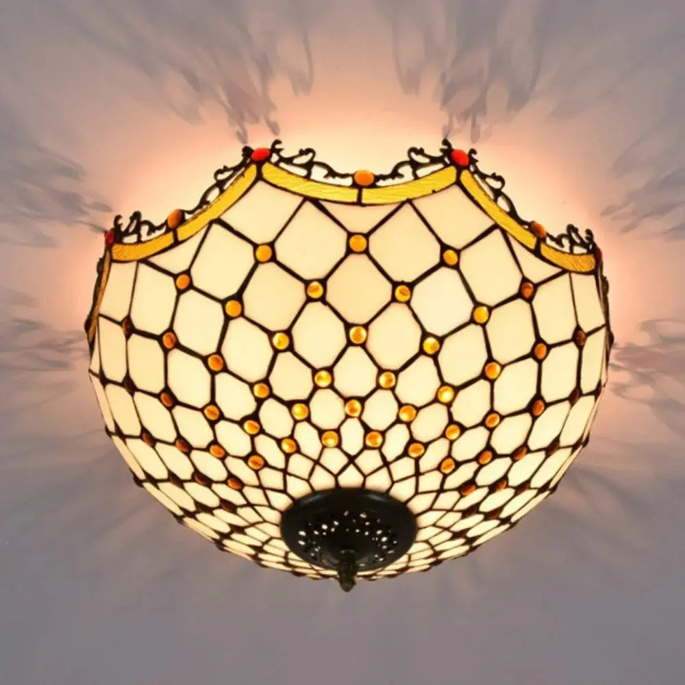 16inch Stained Glass Beige Beads Lampshade Tiffany Style Ceiling Light Classical Tiffany Lamp