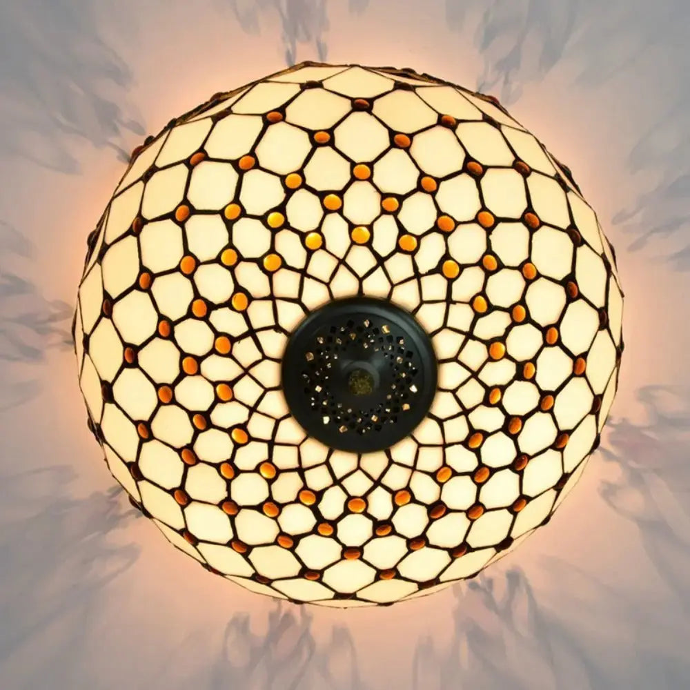 16inch Stained Glass Beige Beads Lampshade Tiffany Style Ceiling Light Classical Tiffany Lamp