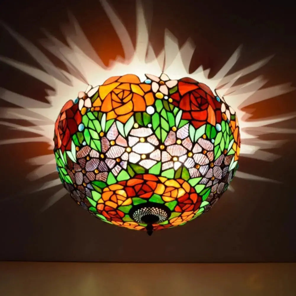 16inch Stained Glass Rose Flower Lampshade Tiffany Style Ceiling Light Classical Tiffany Lamp