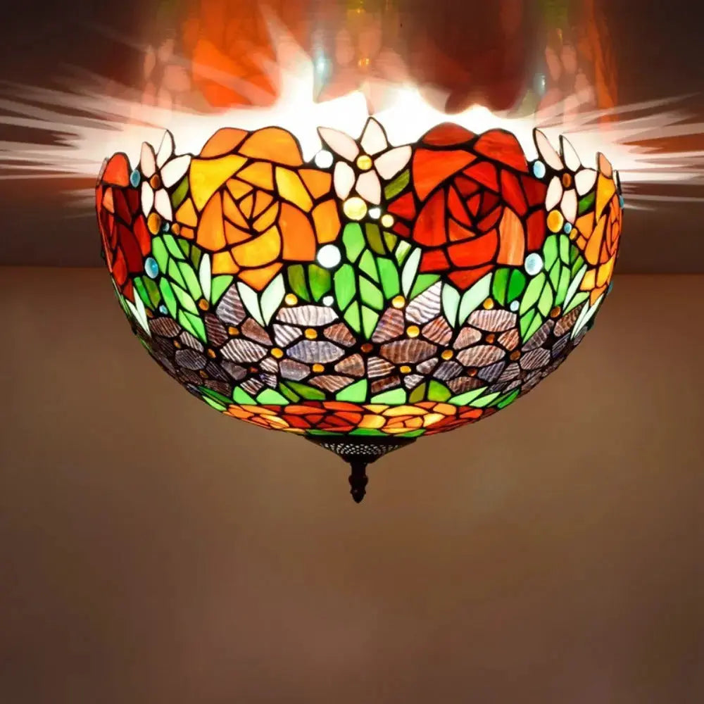 16inch Stained Glass Rose Flower Lampshade Tiffany Style Ceiling Light Classical Tiffany Lamp