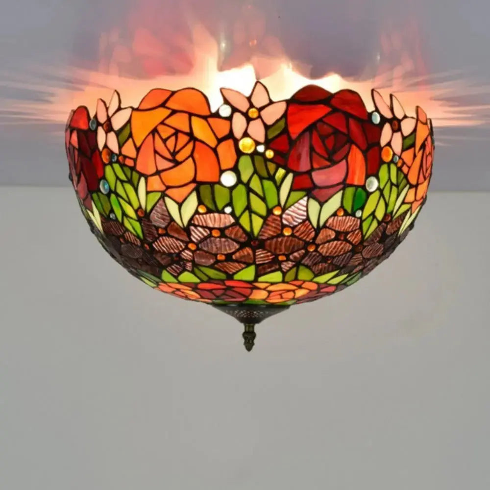 16inch Stained Glass Rose Flower Lampshade Tiffany Style Ceiling Light Classical Tiffany Lamp