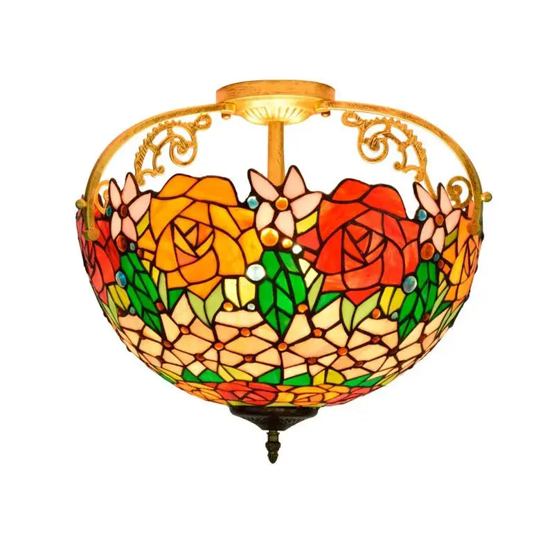 16inch Stained Glass Retro Rose Lampshade Tiffany Ceiling Light Classical Tiffany Lamp