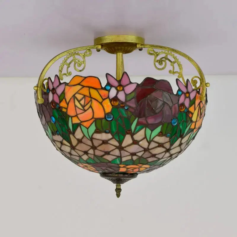 16inch Stained Glass Retro Rose Lampshade Tiffany Ceiling Light Classical Tiffany Lamp
