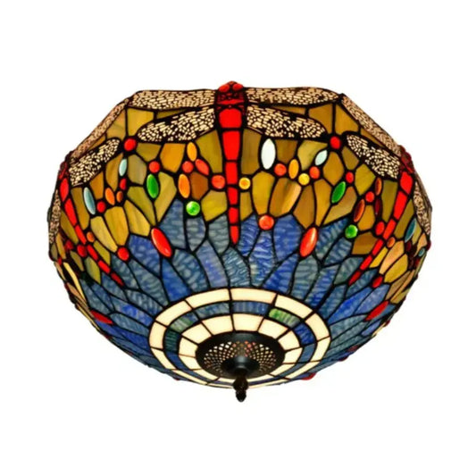 16inch Stained Glass Blue Dragonfly Lampshade Tiffany Style Ceiling Light Classical Tiffany Lamp