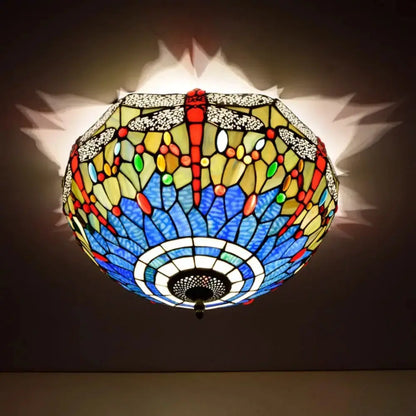16inch Stained Glass Blue Dragonfly Lampshade Tiffany Style Ceiling Light Classical Tiffany Lamp