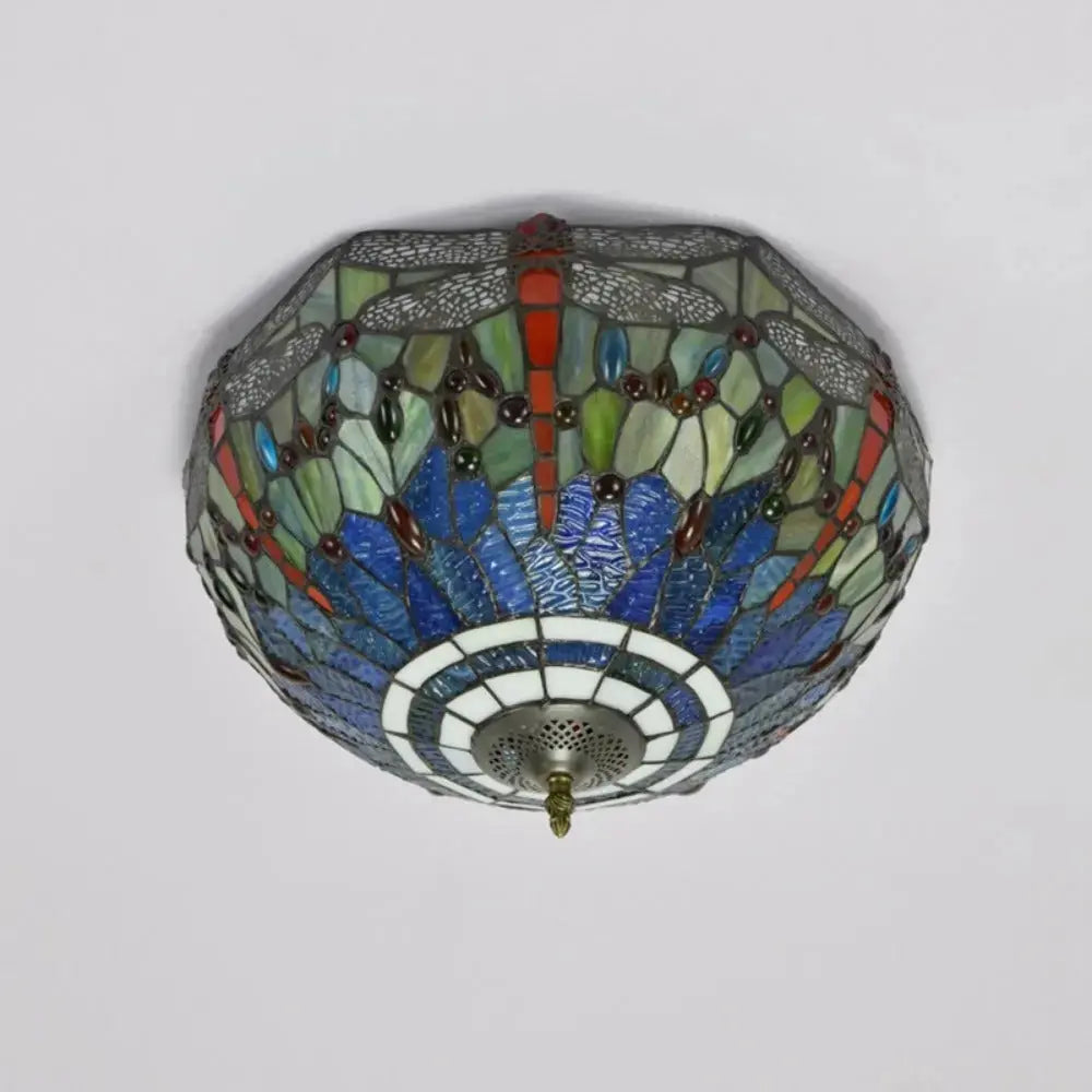 16inch Stained Glass Blue Dragonfly Lampshade Tiffany Style Ceiling Light Classical Tiffany Lamp