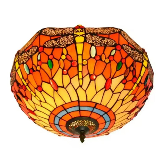 16inch Stained Glass Round Red Dragonfly Tiffany Ceiling Lamps Classical Tiffany Lamp