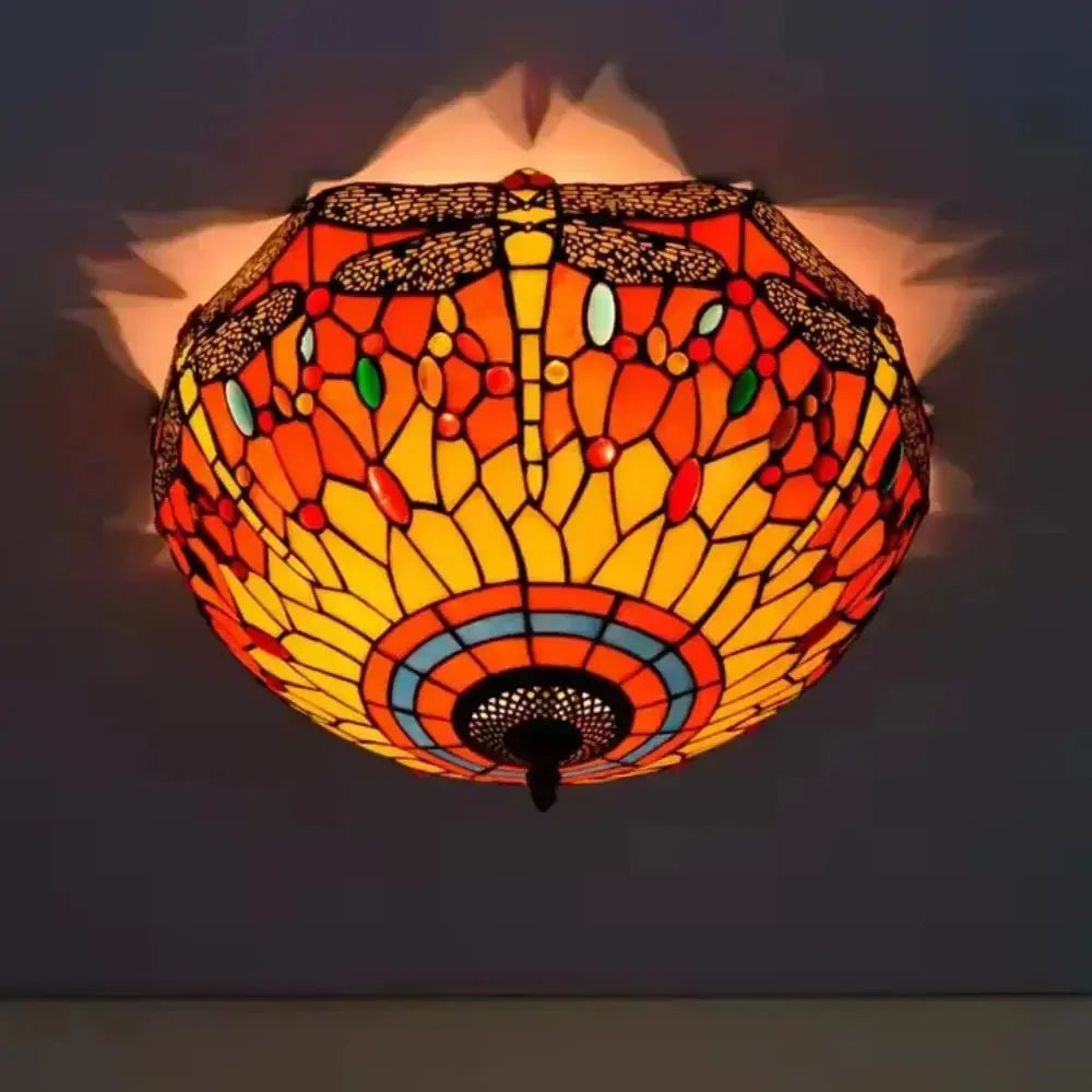 16inch Stained Glass Round Red Dragonfly Tiffany Ceiling Lamps Classical Tiffany Lamp