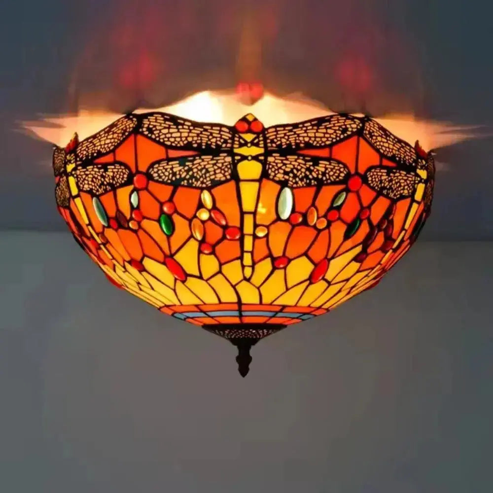 16inch Stained Glass Round Red Dragonfly Tiffany Ceiling Lamps Classical Tiffany Lamp
