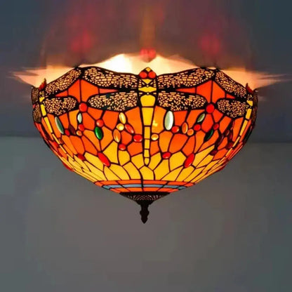 16inch Stained Glass Round Red Dragonfly Tiffany Ceiling Lamps Classical Tiffany Lamp