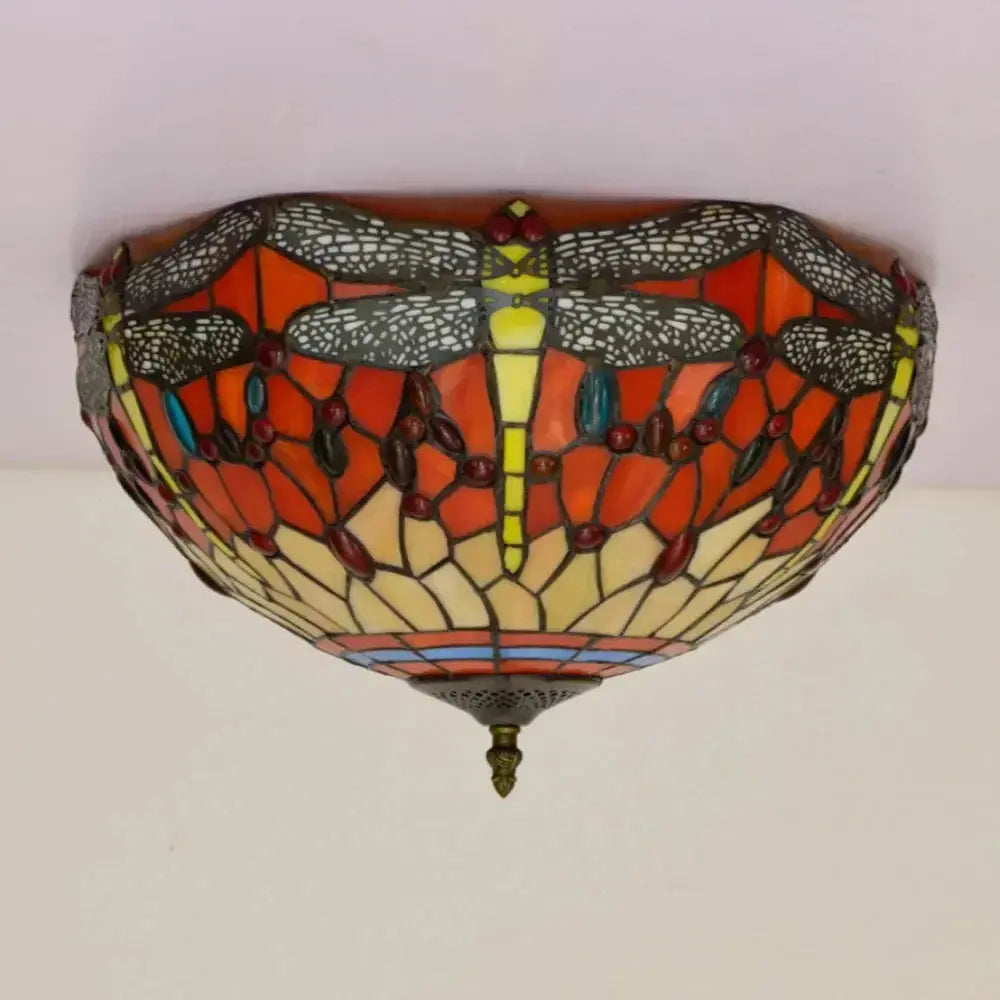 16inch Stained Glass Round Red Dragonfly Tiffany Ceiling Lamps Classical Tiffany Lamp