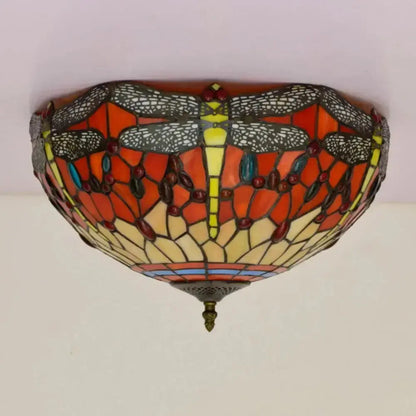 16inch Stained Glass Round Red Dragonfly Tiffany Ceiling Lamps Classical Tiffany Lamp