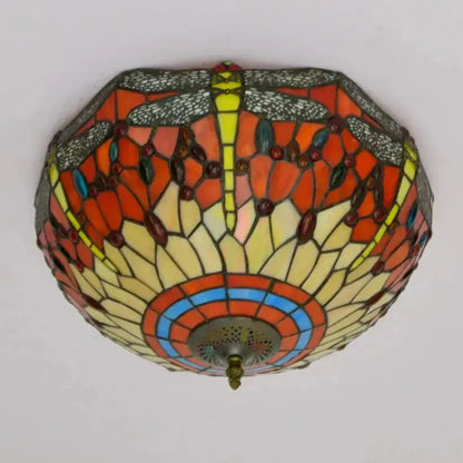 16inch Stained Glass Round Red Dragonfly Tiffany Ceiling Lamps Classical Tiffany Lamp