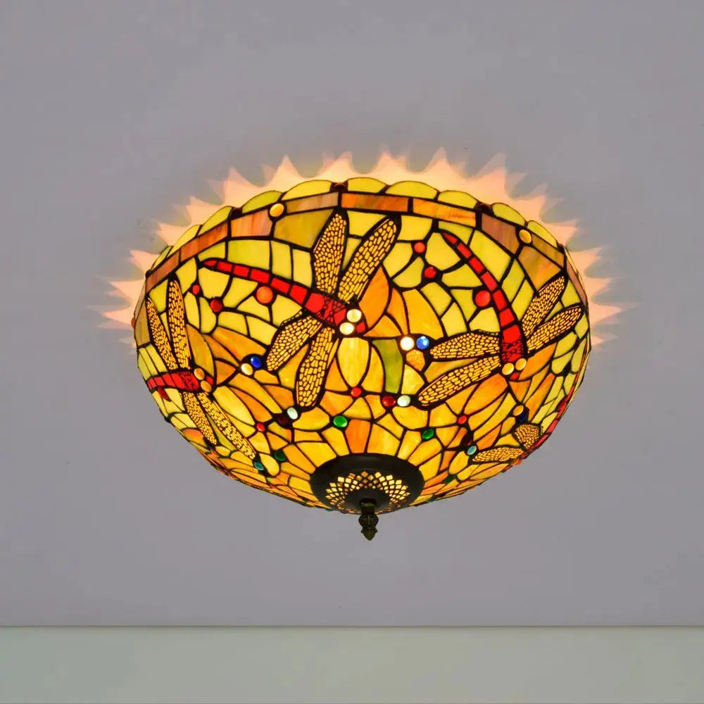 16inch Stained Glass Yellow Dragonfly Lampshade Tiffany Ceiling Lamps Classical Tiffany Lamp