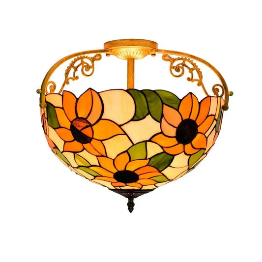 16inch Vintage Stained Glass Sunflower Tiffany Ceiling Light Classical Tiffany Lamp