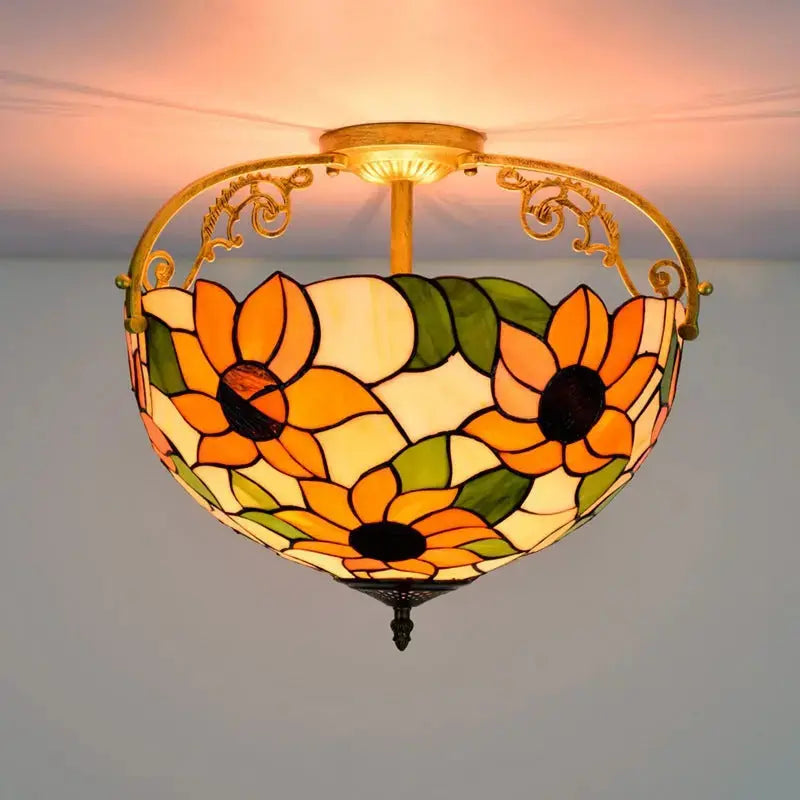 16inch Vintage Stained Glass Sunflower Tiffany Ceiling Light Classical Tiffany Lamp