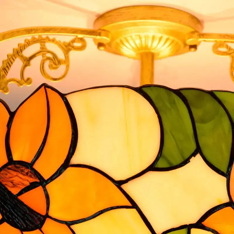 16inch Vintage Stained Glass Sunflower Tiffany Ceiling Light Classical Tiffany Lamp