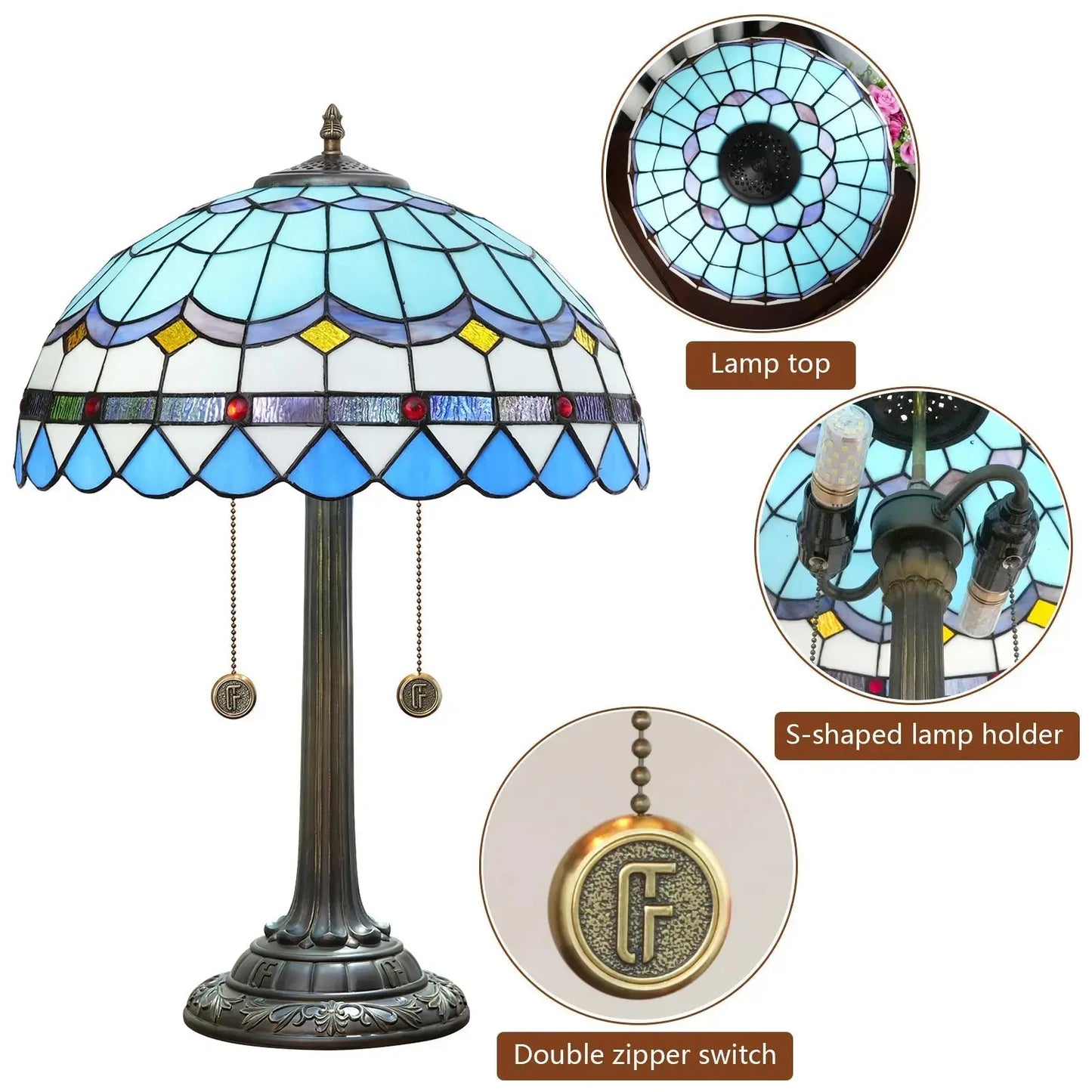 16inch Blue Tiffany Table Lamp Stained Glass Lampshade Bar Bedroom Bedside Light Classical Tiffany Lamp