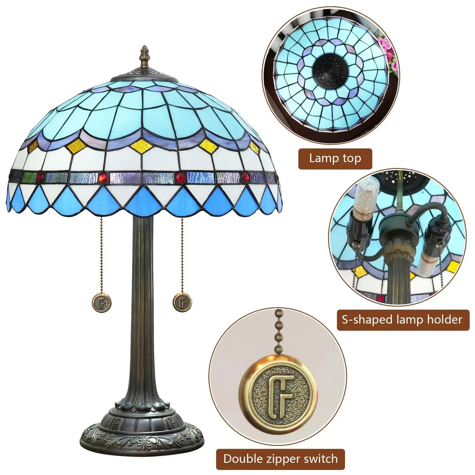 16inch Blue Tiffany Table Lamp Stained Glass Lampshade Bar Bedroom Bedside Light Classical Tiffany Lamp