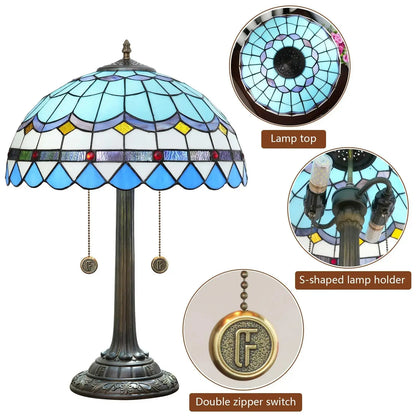 16inch Blue Tiffany Table Lamp Stained Glass Lampshade Bar Bedroom Bedside Light Classical Tiffany Lamp