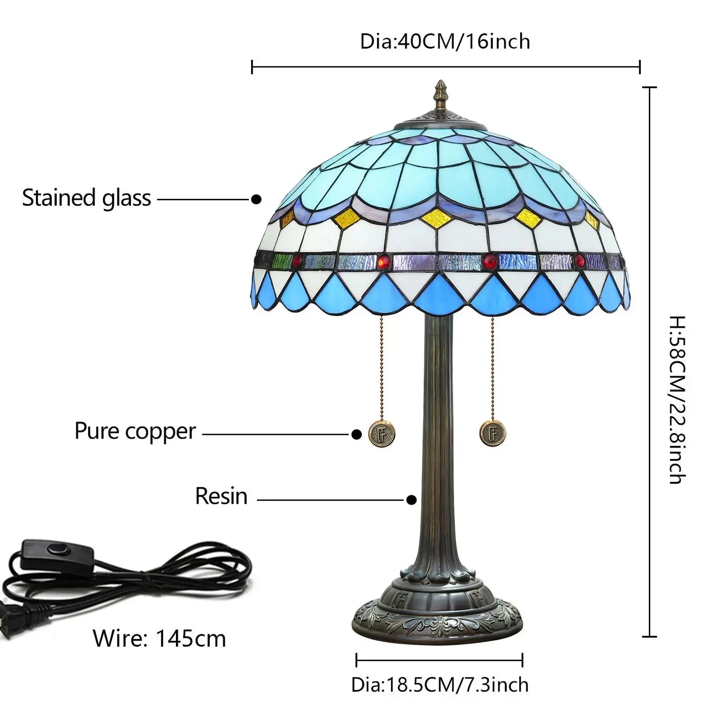 16inch Blue Tiffany Table Lamp Stained Glass Lampshade Bar Bedroom Bedside Light Classical Tiffany Lamp