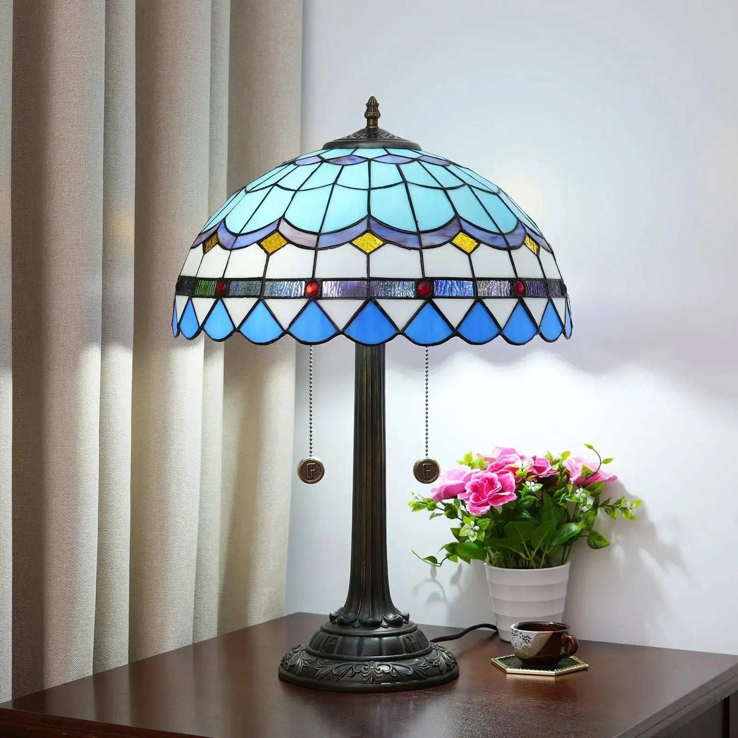 16inch Blue Tiffany Table Lamp Stained Glass Lampshade Bar Bedroom Bedside Light Classical Tiffany Lamp